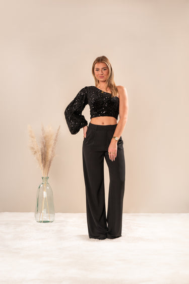 Cropped one shoulder sparkle zwart